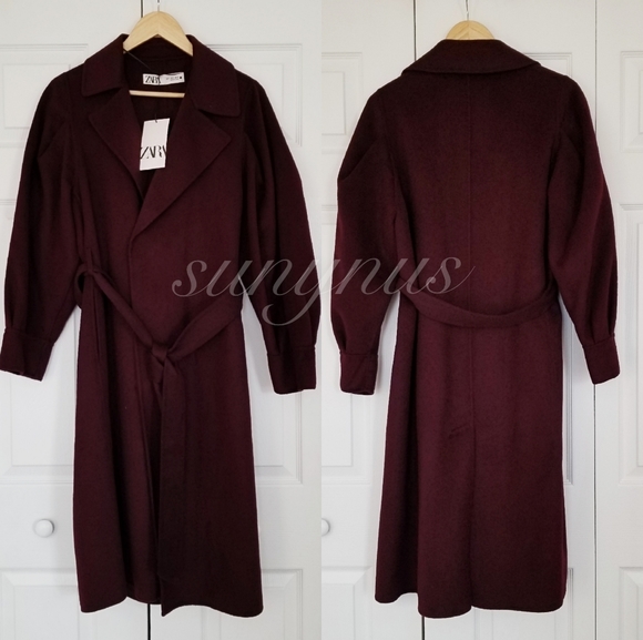 Zara Handmade Belted Wrap Wool Coat Wine - Picture 10 of 10